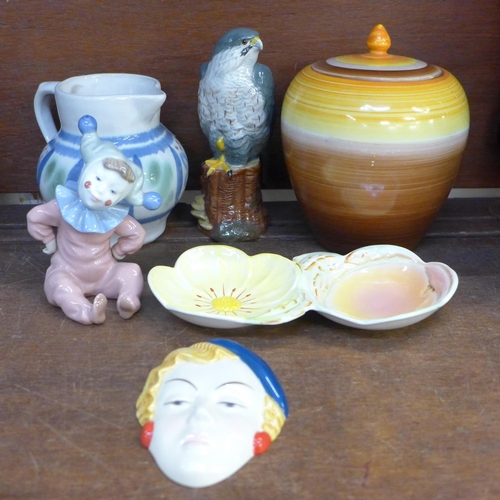 670 - A Wedgwood ginger jar, Beswick two section dish, a Moorland Pottery face plaque, Nao figure of a chi... 