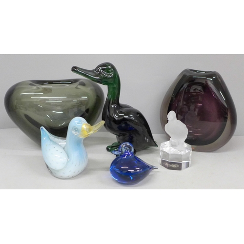 680 - Two Holmegaard glass vases, a Goebel glass model duck and three other glass model birds, chips to tw... 