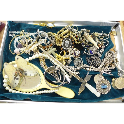 683 - A jewellery case and costume jewellery, hand mirror, etc.