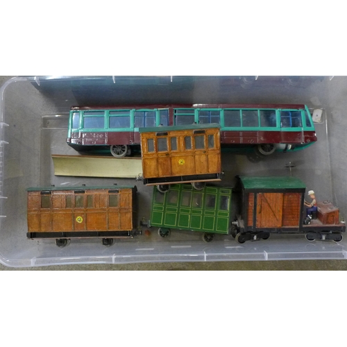 701 - Garden railway stock including carriages and other rail items, etc. (2 boxes)