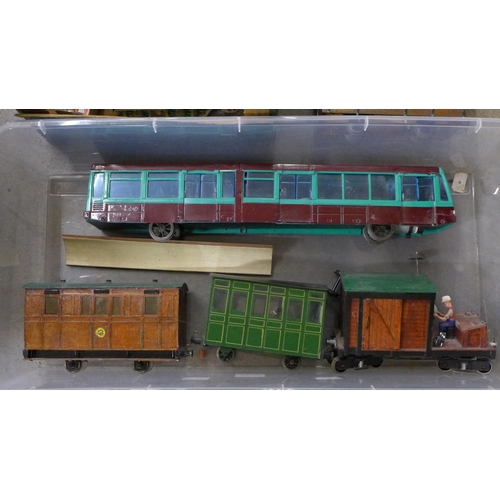 701 - Garden railway stock including carriages and other rail items, etc. (2 boxes)