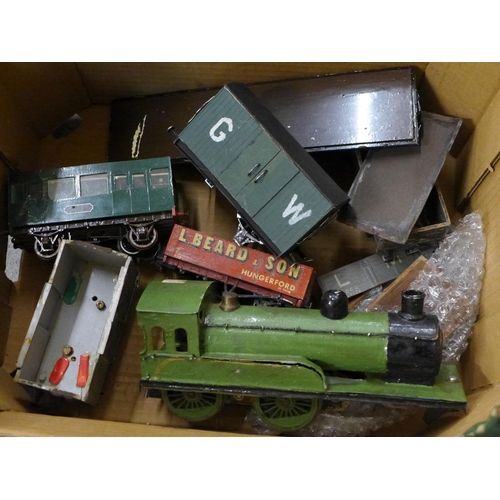 701 - Garden railway stock including carriages and other rail items, etc. (2 boxes)