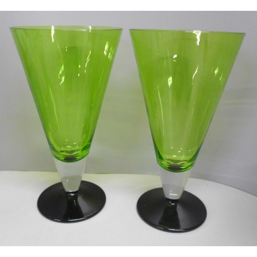 765 - A box of mixed Studio glass, Art Deco style green and black glass cocktail glasses, vases, etc. (15)