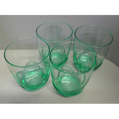 765 - A box of mixed Studio glass, Art Deco style green and black glass cocktail glasses, vases, etc. (15)