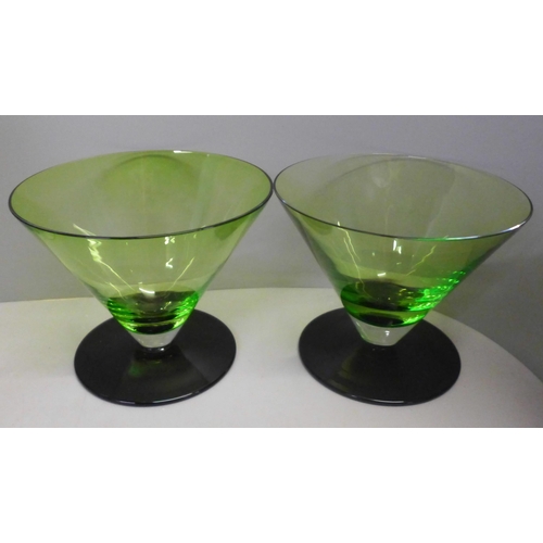 765 - A box of mixed Studio glass, Art Deco style green and black glass cocktail glasses, vases, etc. (15)