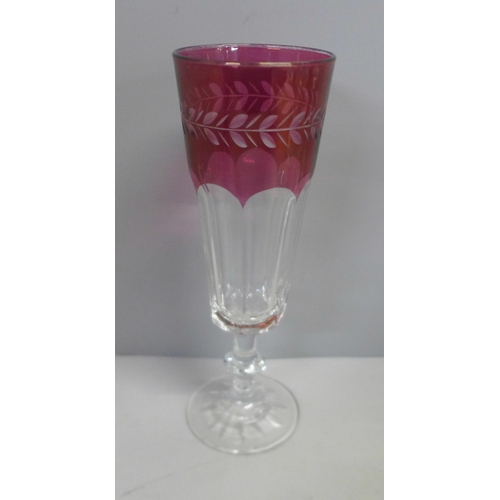 766 - A box of mixed drinking glasses, eight various etched champagne coups, two sets of six ruby flash gl... 