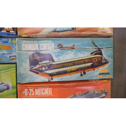 775 - Seven Aurora 1:48 scale kits; Boeing-Vertol Chinook helicopter, four aircraft and two tanks