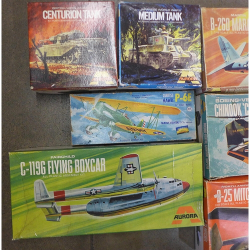 775 - Seven Aurora 1:48 scale kits; Boeing-Vertol Chinook helicopter, four aircraft and two tanks