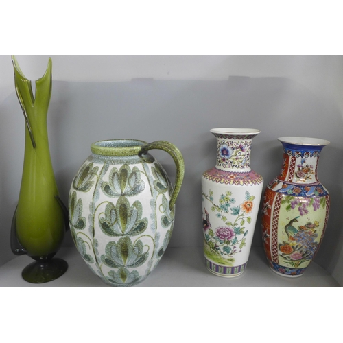 796 - A large Denby Glyn Colledge ewer, two Oriental vases and a green glass vase, vase a/f