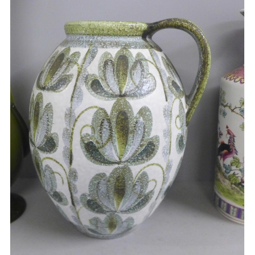 796 - A large Denby Glyn Colledge ewer, two Oriental vases and a green glass vase, vase a/f