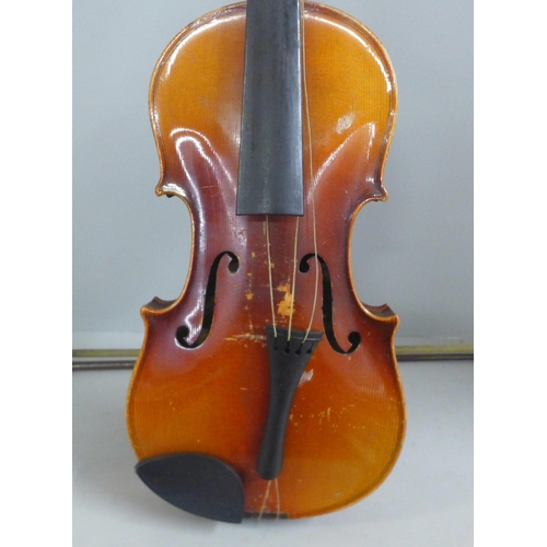 805 - Two cased violins and bows, both backs 33.5cm approximately excluding button