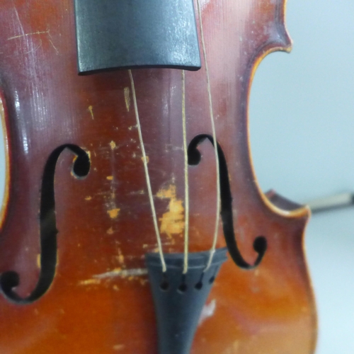 805 - Two cased violins and bows, both backs 33.5cm approximately excluding button