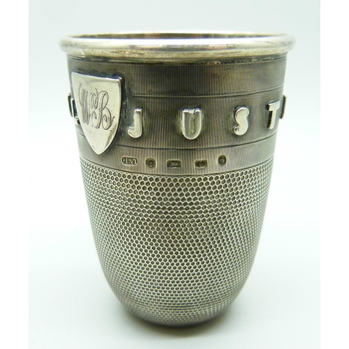 857 - A novelty Victorian silver 'Just a Thimble Full' shot cup with applied shield with initials, Birming... 