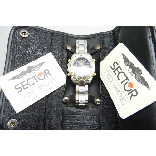 861 - A Sector chronograph alarm wristwatch in soft pouch, lacking crown, with card and instructions