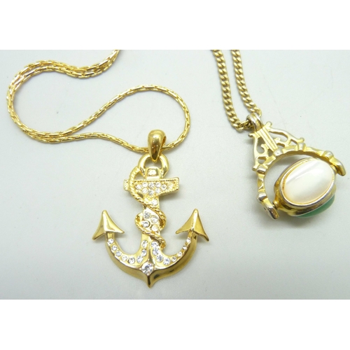 867 - A plated swivel fob pendant on a plated chain and an anchor pendant and chain