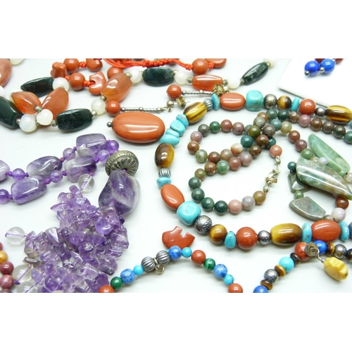 874 - Gemstone necklaces, bracelets and earrings including turquoise, amethyst, etc.