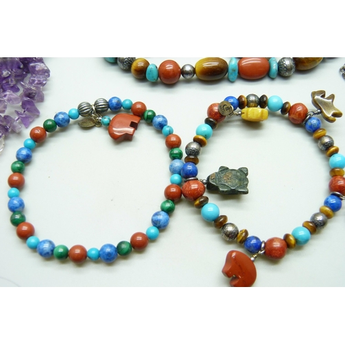 874 - Gemstone necklaces, bracelets and earrings including turquoise, amethyst, etc.