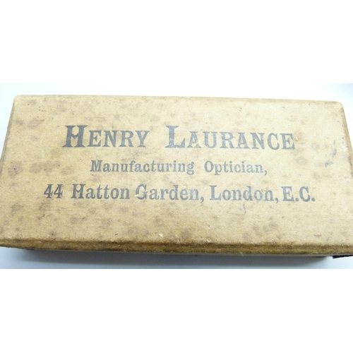 884 - A pair of vintage spectacles, with case and box, marked Henry Laurance, 44 Hatton Garden