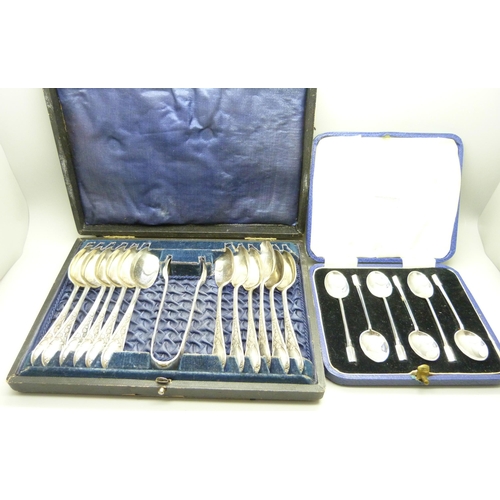 885 - A cased set of six silver coffee spoons, Sheffield 1940, 48g, and a cased set of plated spoons