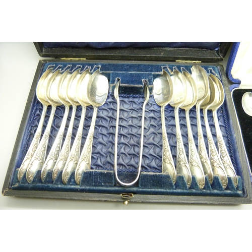 885 - A cased set of six silver coffee spoons, Sheffield 1940, 48g, and a cased set of plated spoons