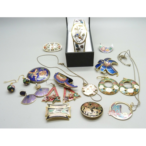 892 - Cloisonne jewellery, four pairs of earrings, seven brooches, two necklaces and a bangle