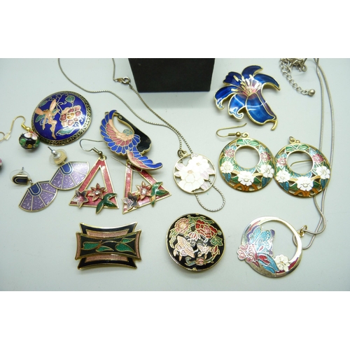 892 - Cloisonne jewellery, four pairs of earrings, seven brooches, two necklaces and a bangle