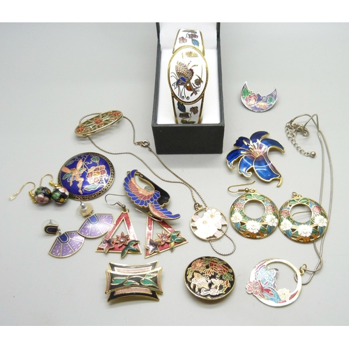 892 - Cloisonne jewellery, four pairs of earrings, seven brooches, two necklaces and a bangle