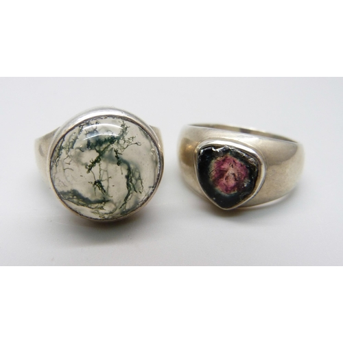 934 - A 925 silver ring, stone a/f, and a moss agate set ring, S and P