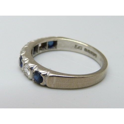 954 - An 18ct white gold, diamond and sapphire ring, Sheffield 1977, 5.1g, Q, over 0.5ct total diamond wei... 