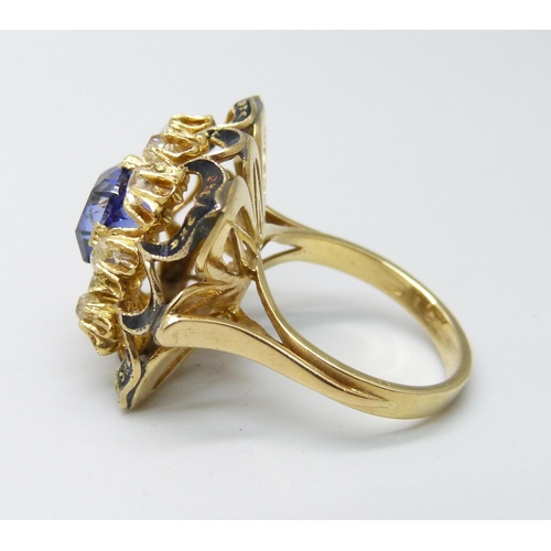 964 - An 18ct gold, blue sapphire and diamond set ring, 3.30ct sapphire, 0.8ct total old cut diamond weigh... 