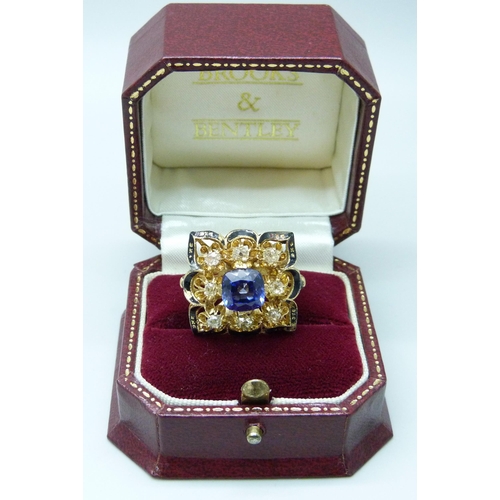 964 - An 18ct gold, blue sapphire and diamond set ring, 3.30ct sapphire, 0.8ct total old cut diamond weigh... 