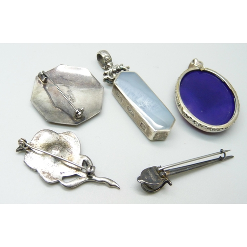 968 - Two silver and stone set pendants and three silver brooches including marcasite set