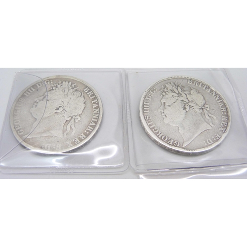 991 - An 1822 George IV Tertio edge crown and an 1821 George IV Secundo edge crown