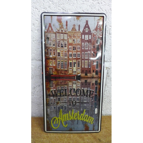 2075 - 4 Tin plate signs; Welcome to Amsterdam, Snowman, Laundry Room and Motorcycles