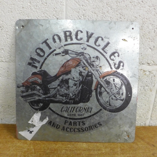 2075 - 4 Tin plate signs; Welcome to Amsterdam, Snowman, Laundry Room and Motorcycles