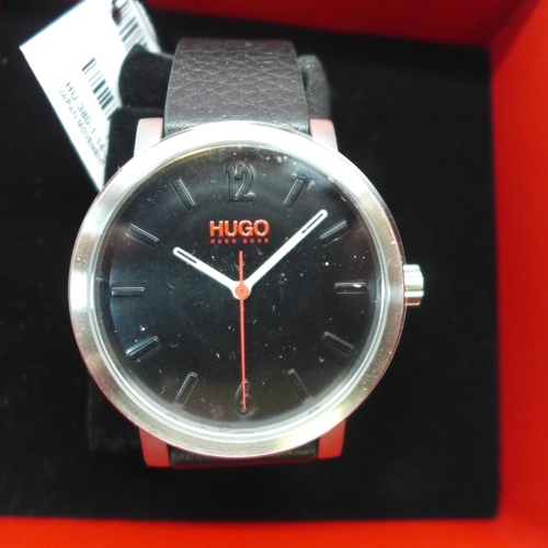 2115 - A men's Hugo Boss wristwatch with black dial, red accents and black leather strap * this lot is subj... 