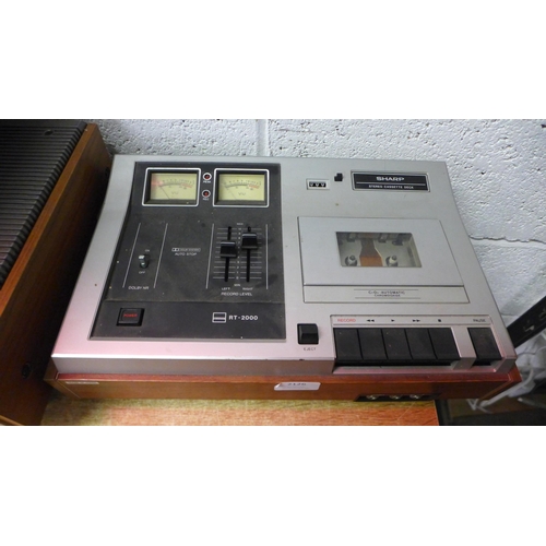 2126 - 3 Items of vintage A/V equipment; a Hitachi 21-68CH radio/tape/TV, a Sharp RT-200 tape deck and a Hi... 