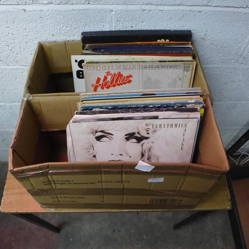 2132 - A box of approx. 50 LP records including DJs promos, dance records, The Hollies, The Shadows, Euryth... 