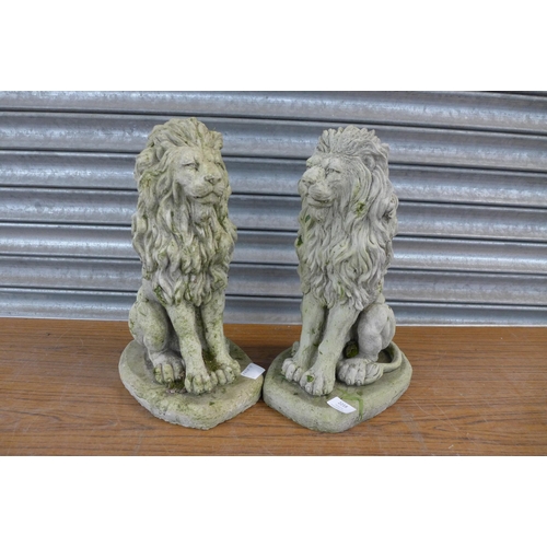 2218 - A pair of concrete garden lion ornaments, approx. 17