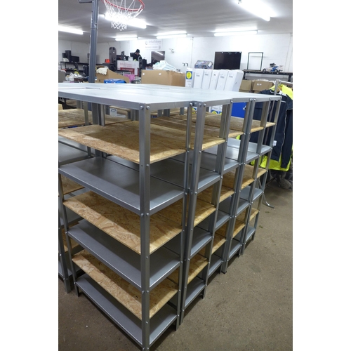 2227 - Five 8 Section metal workshop racking bays with metal and chipboard shelving