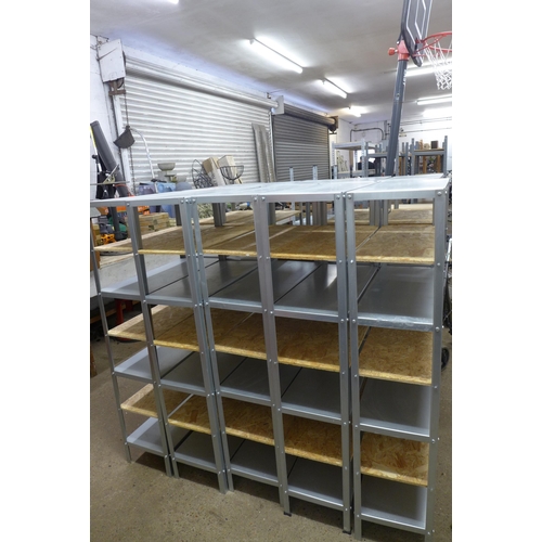 2227 - Five 8 Section metal workshop racking bays with metal and chipboard shelving