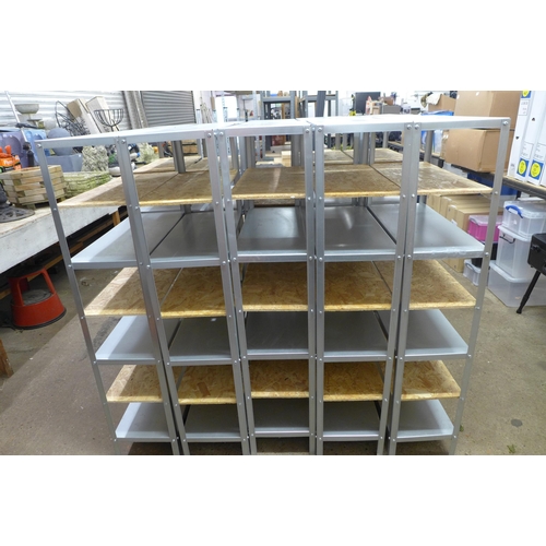 2228 - Five 8 Section metal workshop racking bays with metal and chipboard shelving