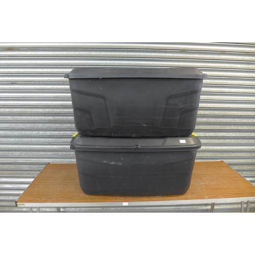 2229 - 2 Large black plastic wheeled stackable storage boxes