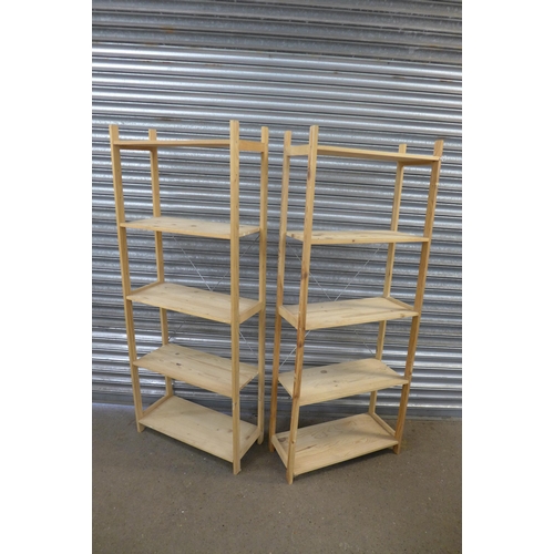 2233 - Two 5-shelf pine shelving units - 1.7m x 69cm x 30cm