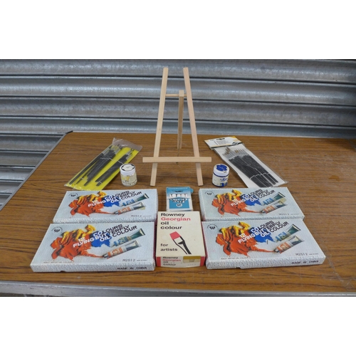 2257 - A large box of Arts and Crafts supplies including brushes, paints, sketch pads, a Rowney Stay Wet pa... 