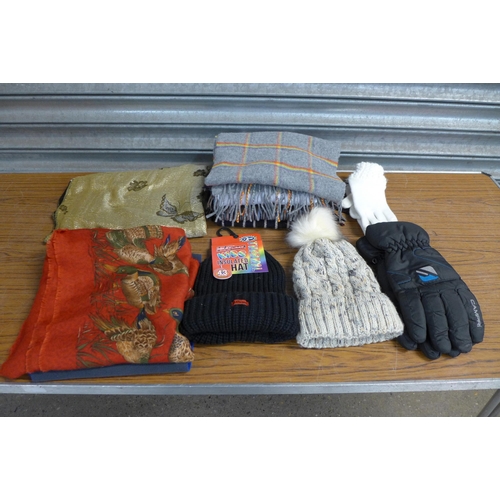 2285 - A box of approx. 200 fabric scarves and other items including hats and gloves