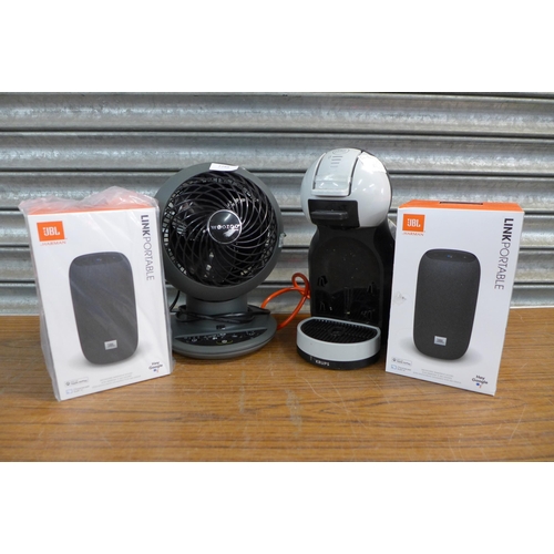 2288 - A Dolce gusto Krups coffee machine, a Woozoo digital desk fan and a pair of JBL Anniversary bundle J... 