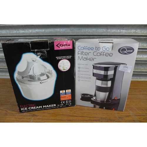 2291 - A Delta BL-1380 electric ice cream maker and a Quest Coffee To Go filter coffee maker  both unused