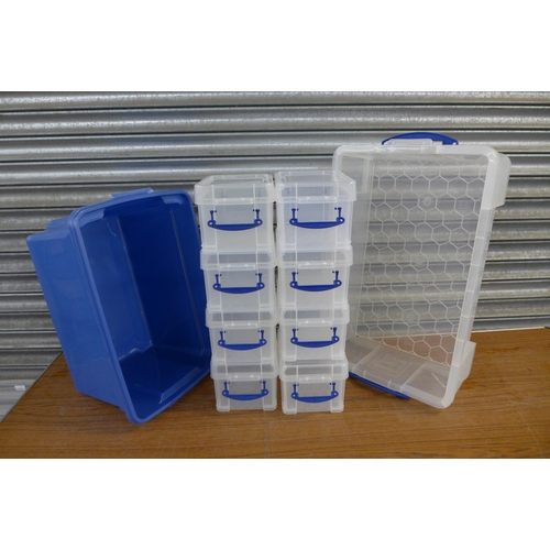 2300 - Two 50 litre Really Useful plastic storage boxes with lids, 12 x 3 litre Really Useful plastic stora... 