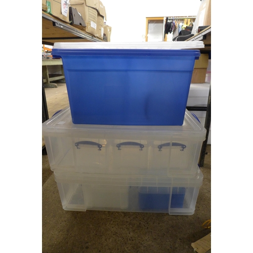 2300 - Two 50 litre Really Useful plastic storage boxes with lids, 12 x 3 litre Really Useful plastic stora... 